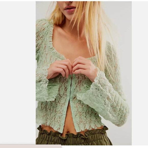 NEW Free People FP One Madison Top Smocked Lace Sheer Hook-Front Bell Sleeve - Picture 4 of 7